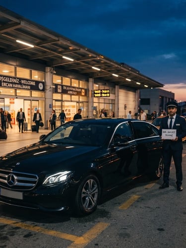 A chauffeur in a suit holding a name sign next to a black Mercedes luxury car at Ercan International Airport.
