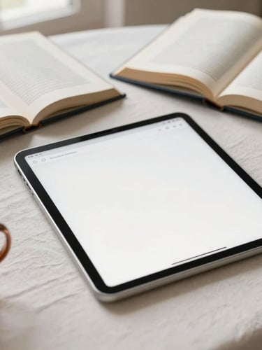Elegant editorial portrait of open books and a tablet displaying clean, minimalist layouts on an off-white linen surface, warm natural light, bronze accents