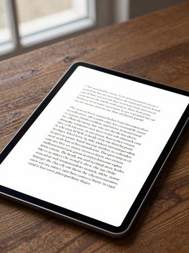 Elegant editorial photography, close-up of an open digital tablet showing beautifully typeset serif text on a wooden study desk, soft natural window light, warm bronze tones.