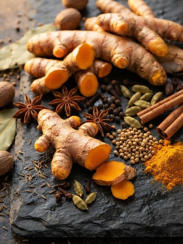 Macro overhead shot of pristine golden turmeric roots and raw spices on a dark slate surface, warm natural side-lighting highlighting rich textures