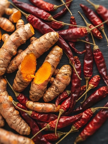 Overhead macro shot of vibrant raw turmeric roots and deep red chili pods on a clean dark slate surface, bright warm natural side-light highlighting textures, rich editorial food photography