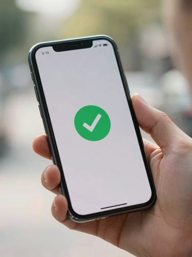 A close-up of a hand holding a modern smartphone displaying a clean banking app notification with a green checkmark, bright natural morning daylight, shallow depth of field, realistic and clean.