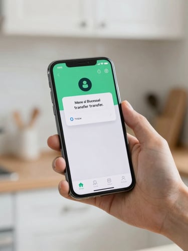 Close-up of a hand holding a smartphone in bright, natural daylight inside a clean kitchen, showing a banking app notification of a successful transfer.