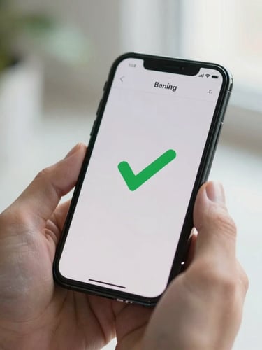 A close-up of a hand holding a smartphone in bright morning daylight, displaying a clear banking notification with a green checkmark, clean and realistic.