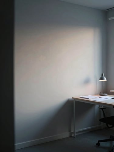 Wide-angle view of a sparse Nordic interior office at early morning, a single desk with papers and a low lamp in the right third, cool northern daylight falling across a pale wall, deep shadow on the left edge, no people