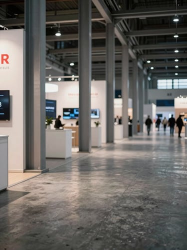 Close-up of a trade show floor at Messe Frankfurt, empty exhibition hall before opening, steel structural columns receding into depth, directional overhead lighting casting long shadows on polished concrete, a single branded booth partially visible on the left edge