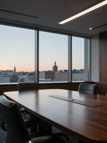 Wide-angle interior of an empty executive boardroom at dawn, dark wood table reflecting overhead recessed light, two leather chairs visible in foreground, floor-to-ceiling windows showing grey Stockholm morning sky, no people, directional north light
