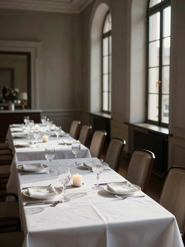 Interior of a private dining room in a European luxury hotel, a long table set for twelve with crystal glassware, candles unlit, directional afternoon light entering from tall narrow windows on the right, chairs empty, room silent and composed