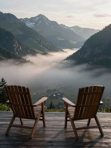 Terrace of a mountain lodge overlooking an alpine valley, two empty wooden chairs facing the view, early morning fog in the valley below, directional side light defining the ridge line, no people, quiet and composed