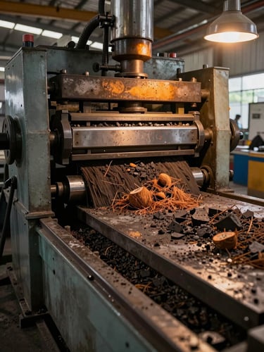 Wide-angle shot of an Indonesian briquette press machine in mid-cycle operation, metal press plates compressing coconut charcoal mix, factory floor extending deep in background under tungsten light, amber glow and industrial wear visible on equipment