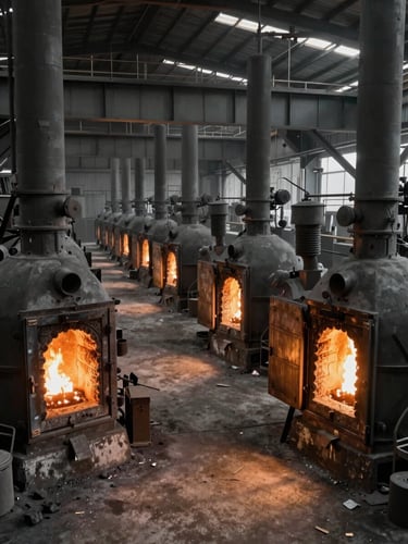 Wide interior shot of a charcoal production facility, rows of active kilns glowing amber through iron doors, tungsten light cutting across concrete floor, scale of industrial operation visible, no people facing camera