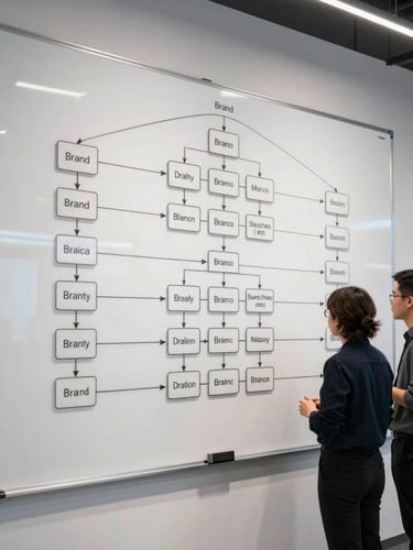 Wide-format shot of a large whiteboard covered in a structured message architecture diagram, arrows connecting brand pillars to channel formats, two team members reviewing from a slight distance, clean studio light, no faces visible, grounded and systematic