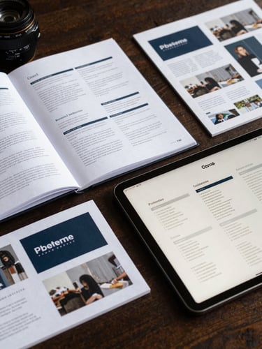 Close-up of a designer's desk with open brand guidelines document, printed brochure samples, and a tablet showing the same brand system digitally, north-light, documentary and precise
