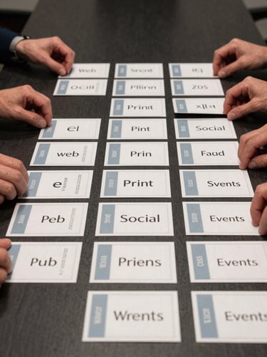 Close-up of hands arranging printed channel overview cards on a dark conference table, each card labeled with a different medium — web, print, social, events — laid out in a systematic grid pattern, cool overhead studio light, documentary and precise