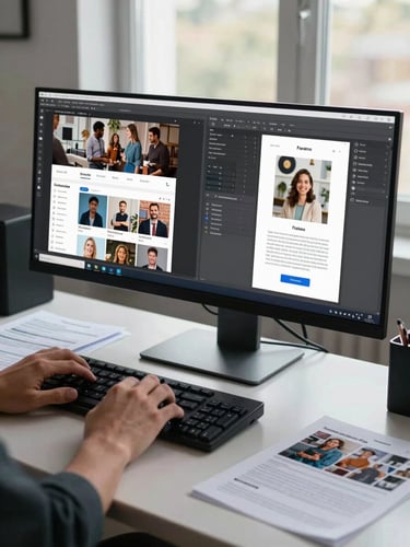 Environmental shot of a dual-screen workstation showing a social media campaign and a print layout side by side, hands on keyboard mid-edit, documents and printed proofs visible on the desk beside the monitor, north-light window in background, documentary and precise