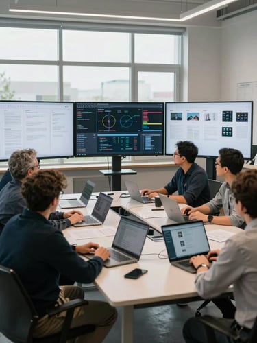 Wide environmental shot of a strategy team at a long table, digital dashboards and print mockups visible side by side on large monitors, north-light studio, documentary framing, no faces prominent