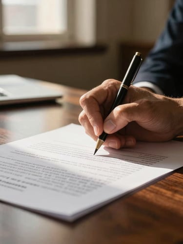 Macro close-up of a legal document being signed on a dark executive wooden desk, warm golden lighting, shallow depth of field, sharp focus, professional atmosphere