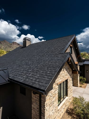 Heroic low-angle architectural photograph of a flawless new shingle roof on a modern ranch home under bright desert daylight, sharp metallic details, high-contrast sky