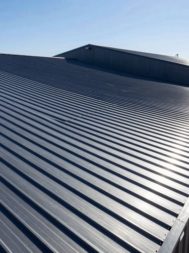 Heroic low-angle architectural shot of a modern industrial building featuring standing-seam metal roofing, sharp steel gray panels, bright high-contrast New Mexico sunlight.