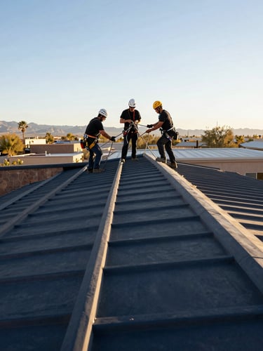Crisp golden-hour photograph of a professional roofing crew working safely on-site, wearing safety harnesses, clean roof alignment visible.