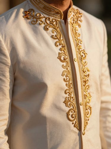 Close-up of intricate gold embroidery on a premium white men's wedding tunic, warm golden-hour sunlight, rich terracotta shadows, shallow depth of field, 35mm