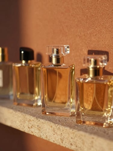 Close-up of elegant glass perfume bottles catching golden-hour sunlight on a warm stone ledge, terracotta background, shallow depth of field, 35mm photography