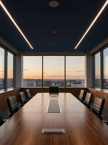 Symmetrical interior architectural shot of a quiet corporate boardroom with warm wood and steel accents, soft twilight light coming through large windows.