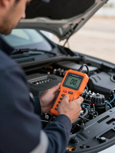 Close-up of a professional technician in a neat uniform using a digital battery tester under a car hood, crisp LED work light, sharp focus