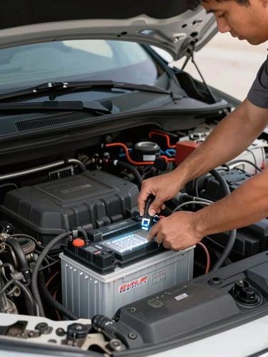 Action close-up of a neat technician wearing clean uniform installing a brand new car battery under a clean car hood, bright high-contrast LED work light illuminating the engine bay, 35mm.