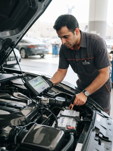A professional technician in a clean uniform using digital diagnostic equipment on a car battery under the open hood of a luxury car, bright Dubai daylight, sharp focus