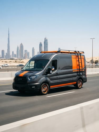 Crisp editorial photography of a clean service van on a Dubai road, bright midday desert light, high-contrast charcoal and safety orange tones, sharp focus, 35mm