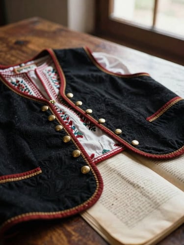 Close-up of a traditional Catalan trabucaire embroidered vest with polished brass buttons, resting next to a folded historical document on a dark wooden table, warm natural window light, 35mm photography.