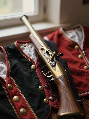 Warm documentary photography, close-up of a polished brass blunderbuss resting on traditional red and black trabucaire vests, soft natural window light, rich earthy tones, shallow depth of field.