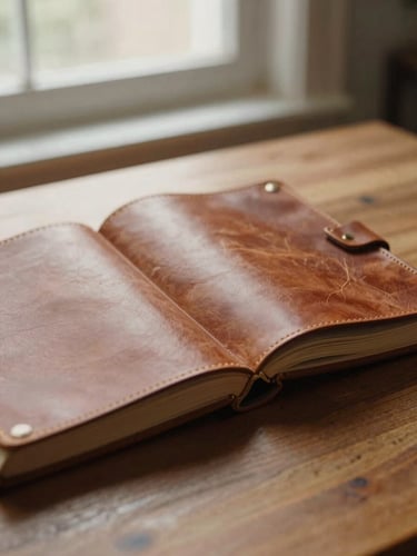 Warm documentary photography of a leather-bound archive book open on a wooden table, soft natural window light casting rich earthy tones, 35mm