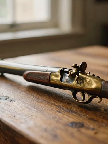 Close-up of a traditional polished brass blunderbuss resting on a rustic wooden table, soft warm indoor light, shallow depth of field, 35mm