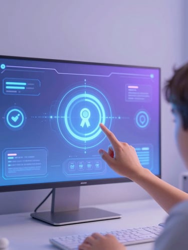 Mano de niño o adolescente interactuando con una interfaz holográfica mostrando insignias digitales de logros, con un fondo futurista, limpio estudio de iluminación con sutiles brillos azules y violetas, estética minimalista de alta tecnología, shallow depth of field.