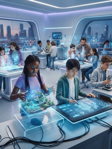 Wide panoramic futuristic illustration of diverse children and teenagers interacting with advanced digital interfaces, holographic projections, robotics, and scientific data in a clean, high-tech learning environment, bright studio lighting with subtle blue and violet ambient glows, shallow depth of field.
