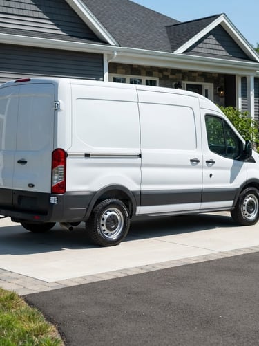 A clean service van parked in a bright Sharon driveway, daylight, professional utility aesthetic, sharp focus.