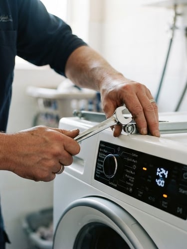 Close-up of a technician's hands holding a clean chrome wrench next to a modern washing machine control panel, bright daylight, 50mm.