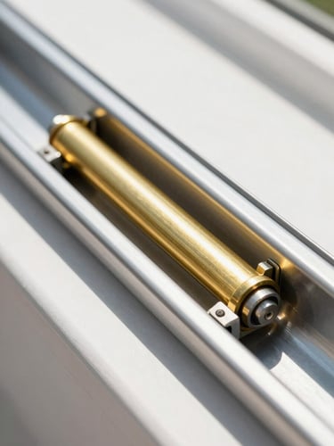 Close-up of a clean stainless steel sliding door track with a newly installed heavy-duty brass roller, bright natural Florida daylight, sharp focus on mechanical details