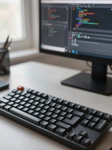 Close-up overhead view of a mechanical keyboard and monitor showing a code editor with multiple open files, a Figma canvas visible on a second screen in soft focus behind, natural window light from the left, clean workspace, mid-work state