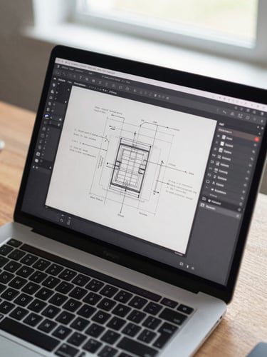 Close overhead view of a laptop screen showing a Figma canvas mid-sketch with wireframe components and annotation notes, a mechanical keyboard visible at the bottom edge, daylight from a side window casting clean even light across the workspace