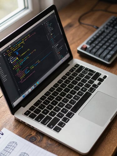 Close-up overhead view of a desk workspace, open code editor on a laptop screen showing syntax-highlighted lines, a mechanical keyboard beside it, natural window light from the left, a small notebook with wireframe sketches visible at the corner