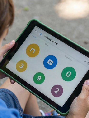 Tight overhead macro shot of a child's hand holding a rugged green Android tablet, displaying a high-contrast educational interface with oversized tap targets under bright natural daylight.