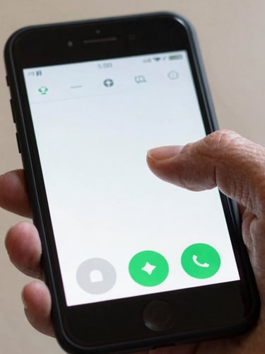 Macro close-up of an elderly hand navigating a high-contrast Android application interface with large tap targets, clean daylight.