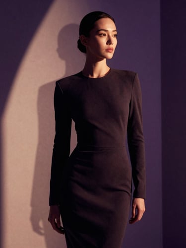 Elegant woman in a high-fashion studio environment, looking confidently into the distance, cinematic dark lighting, soft purple and warm golden hour ambient tones. Architectural shadows.