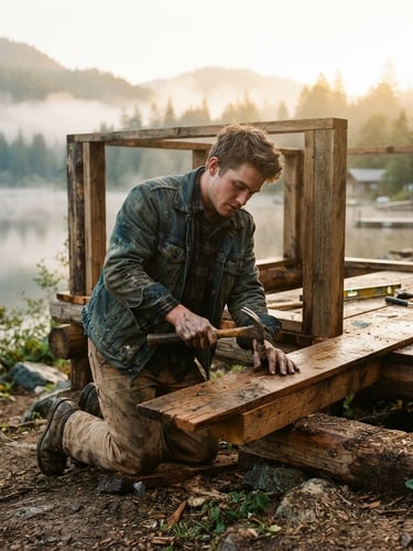Young Rick in work clothes, hands dirty, fixing a wooden structure at a lakeside camp, misty golden hour, wide shot