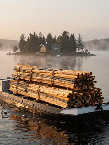 Rick's barge transporting heavy timber and construction materials across a misty Muskoka lake at dawn, a high-end cottage visible on a distant island shoreline, wide environmental shot.