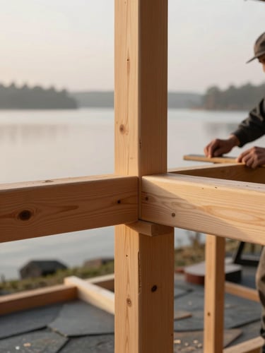 Close-up of precise wood joinery on heavy timber framing, hands of a skilled craftsman in the background, warm overcast daylight highlighting natural wood grain, shallow depth of field.