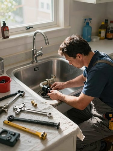 Wide documentary shot of a plumber working under a kitchen sink in a lived-in Etobicoke home, tools spread on a drop cloth, natural afternoon light falling through a window above the counter, pipes and fittings mid-assembly